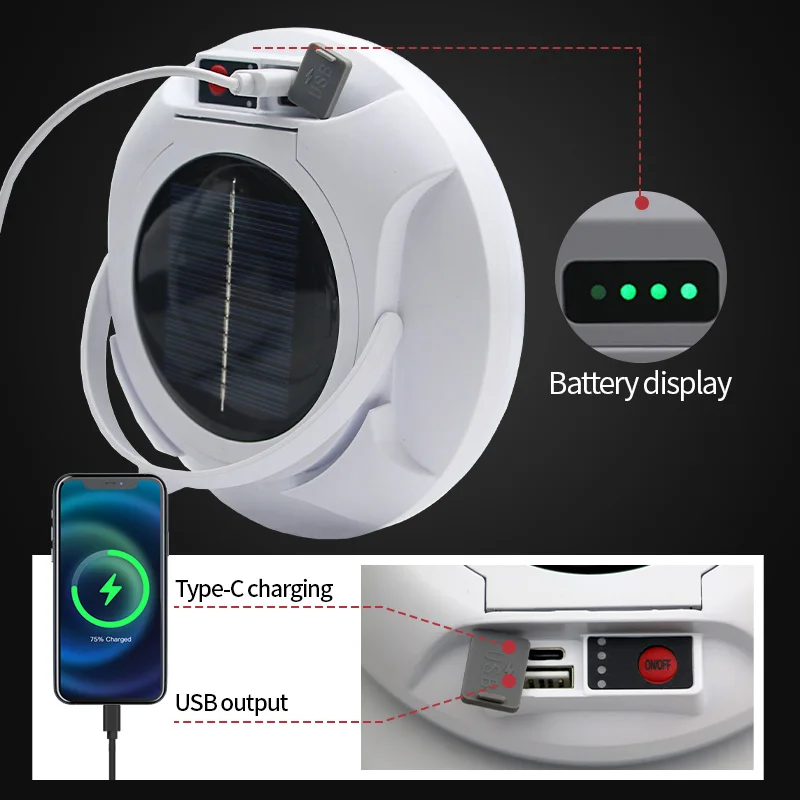 Solar Camping Lamp USB Rechargeable LED Tent Light 3 Modes Power display Portable Emergency Camping Light Lantern
