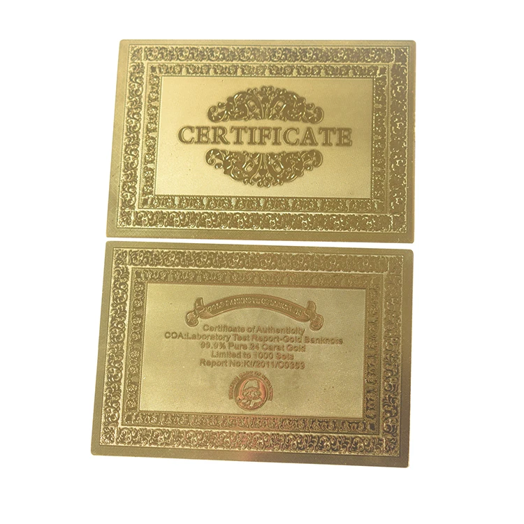 Personalized Customized Logo Printed certificate durable waterproof Custom 24k gold foil Certificate Of Authorization