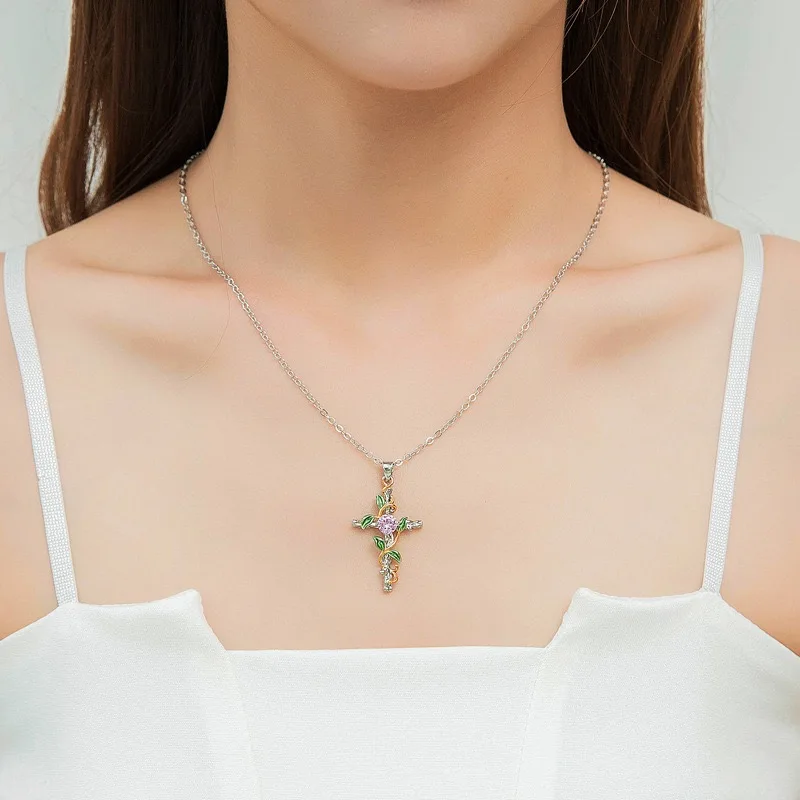 Women Orthodox Jesus Diamond Rhinestone Tarnish Free Dainty Chunky Collar Flower Leaves Christian Cross Pendant Necklaces