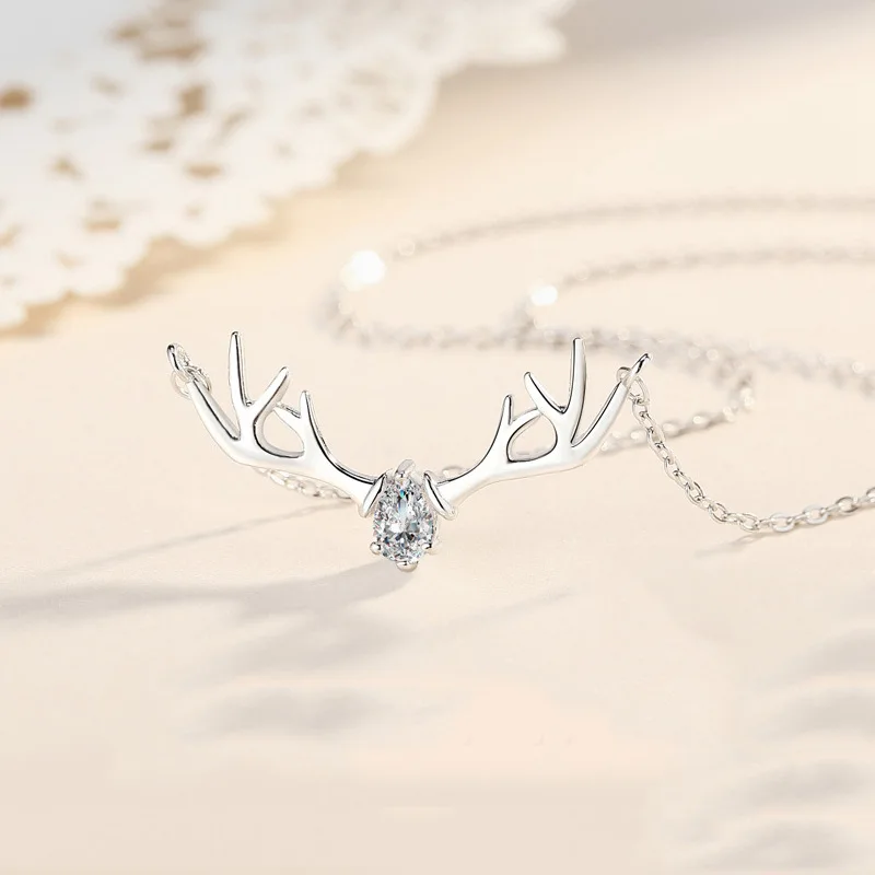 s925 sterling silver elk antler pendant necklace women jewelry crystal deer necklace