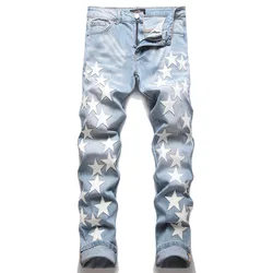 Design Streetwear Men Stars Patches Stretch Denim Jeans Tie Dye  Patchwork Pants Ripped Distressed Slim Straight Trousers
