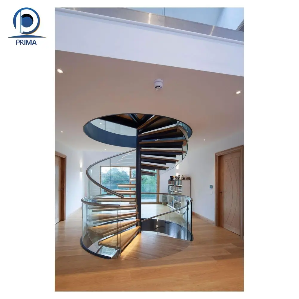 Prima Modern Spiral Staircase Wooden Stringer Treads Staircase With Glass Railing