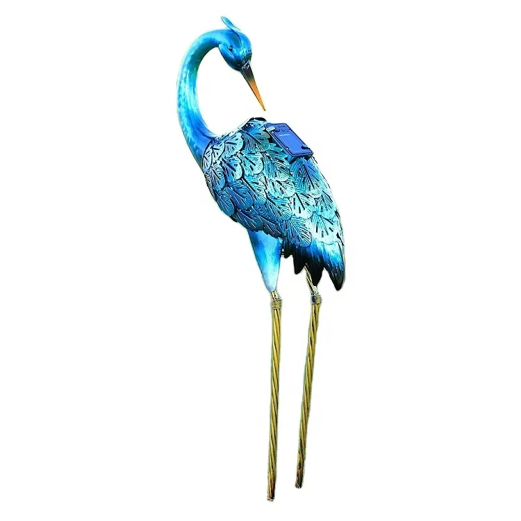 Metal Crane Garden Statue Blue Heron Decoy Metal Birds Yard Art with Solar Lights for Outdoor