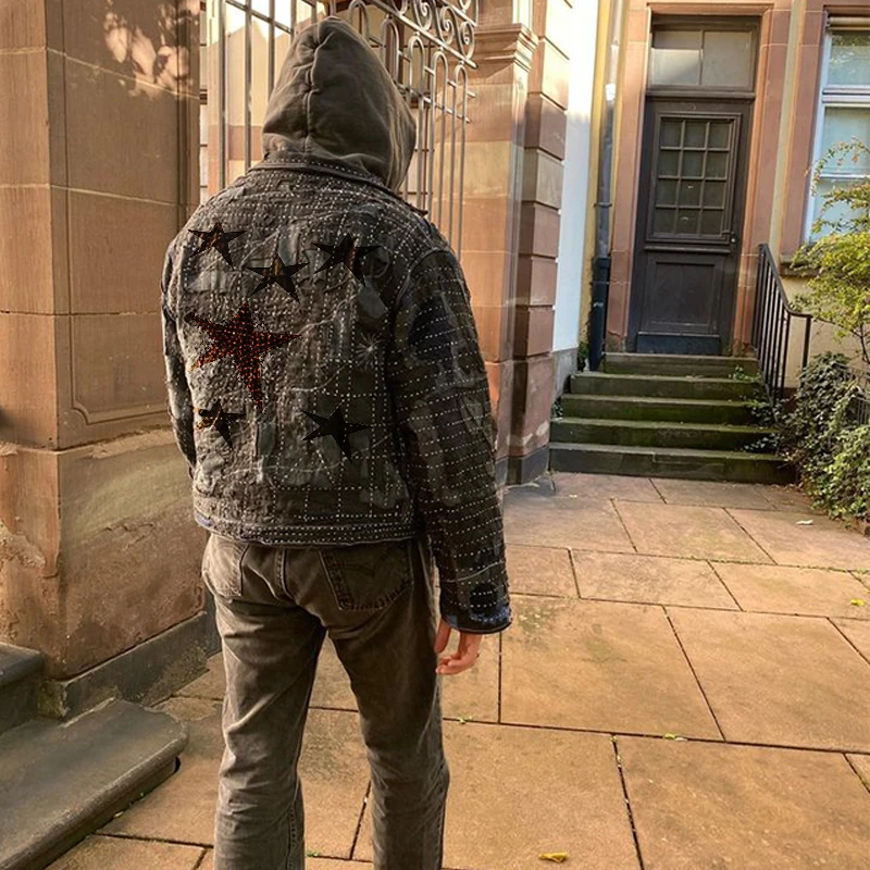 DIZNEW OEM custom plus size mens drop shoulder thick Jacket Street fashion embroidered jeans Jacket man