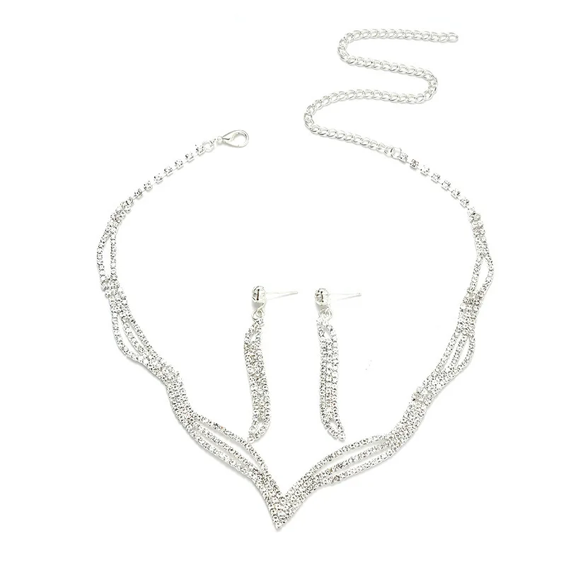 Sparking Rhinestone Multi Chain Wedding Jewelry Set for Brides Bridesmaid Crystal Necklace Earring Set Costume Jewelry AM1160028