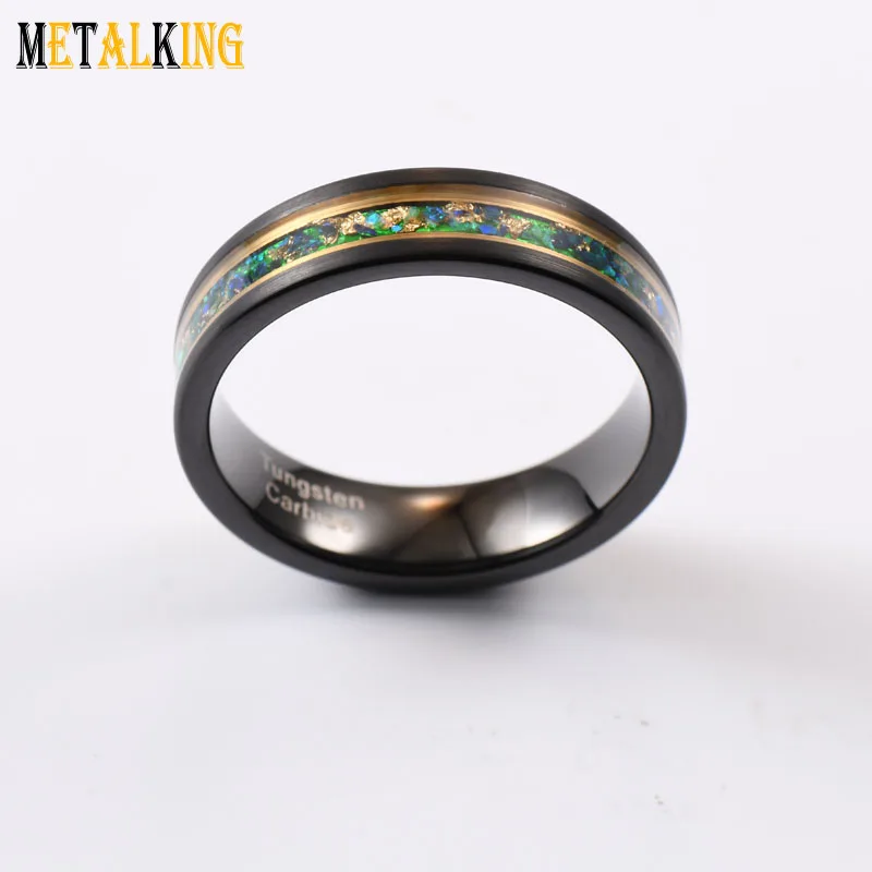 Black Gold Plated 6mm Tungsten Ring Blue Opal And Gold Foil Inlay Flat Edge Wedding Band