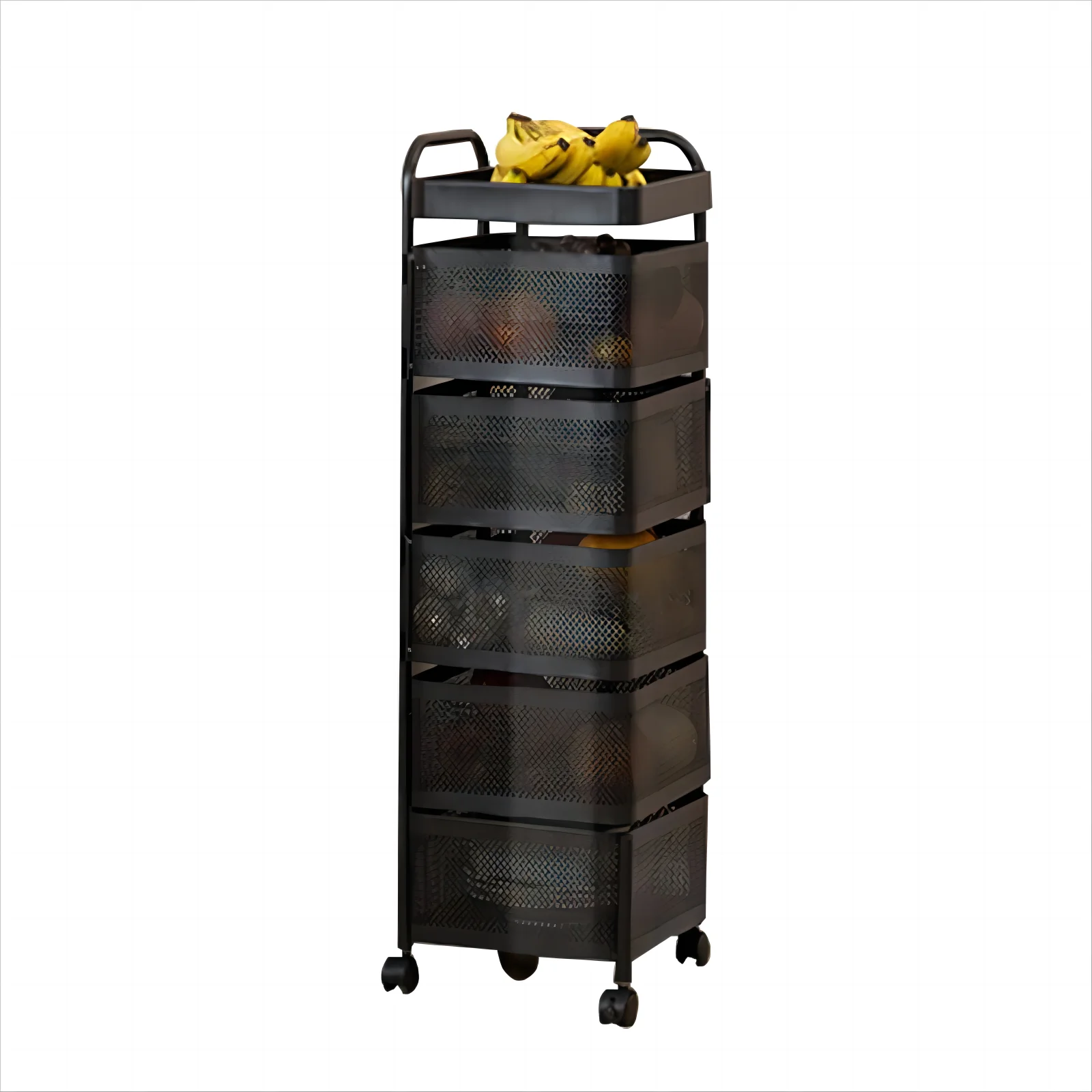 Rotatable Basket With Wheels Detachable  Square Food Storage Trolley  Multilayer Metal Kitchen Shelf