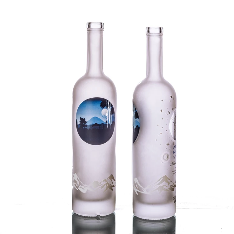 Round Custom Made 750ML White Frosted Printing Organic Glass Vodka Bottles
