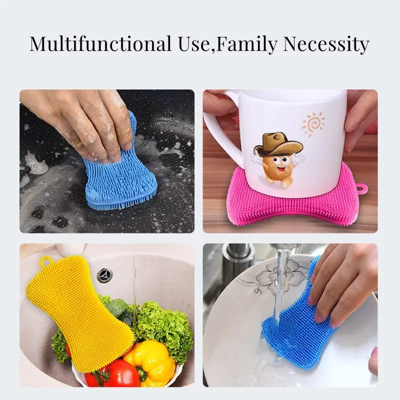 Wholesale Kitchen Double-sided Food Grade Silicone Dish Cleaning Brush Sponge With Suction Anti Bacteria Washing Brush