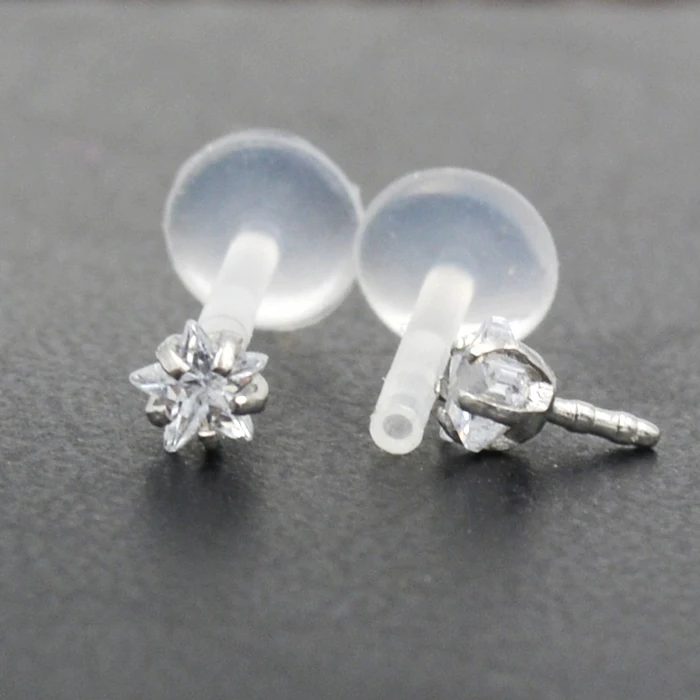 PTFE Bioflex Threadless Push in Labret Lip ring  with prong Setting CZ Gems