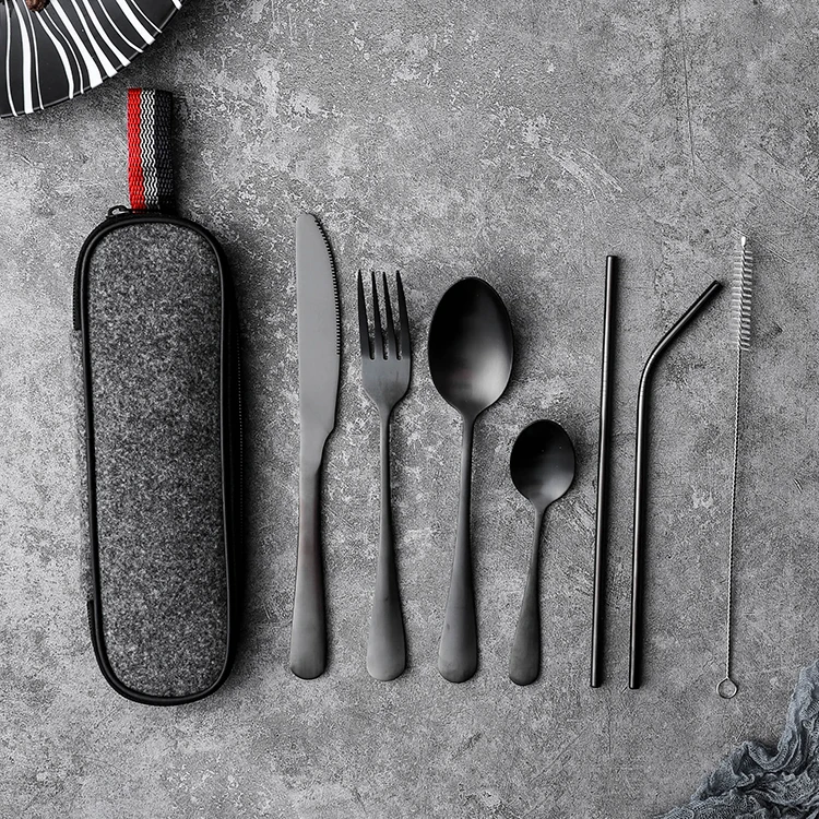 
7 pcs reusable stainless steel travel camping cutlery knife fork spoon straw brush PVD black portable flatware set with case 