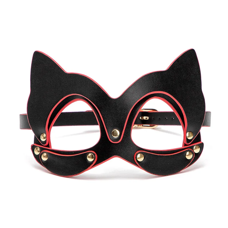 M250 Cat Ears Women Cosplay Sexy Black Leather Rivet Upper Half Face Eyes Mask for Fetish Masquerade Ball Carnival