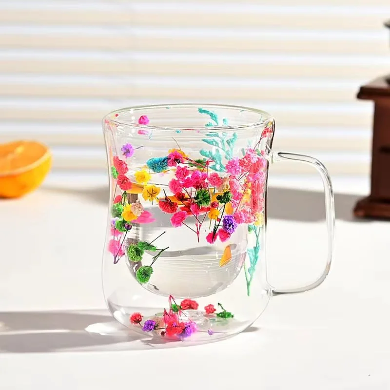 Double Walled Glass Mug Flower Double Wall Glass Tea Cups 370ml Clear Heat Resistant Glass Mug With Dried Flowers Design Double