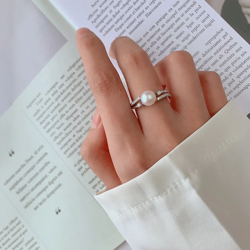 Kammy 7.5-8mm Luxury Jewelry Freshwater Pearl 925 Silver Adjustable Minimalist Jewelry Wedding And Engagement Rings For Women