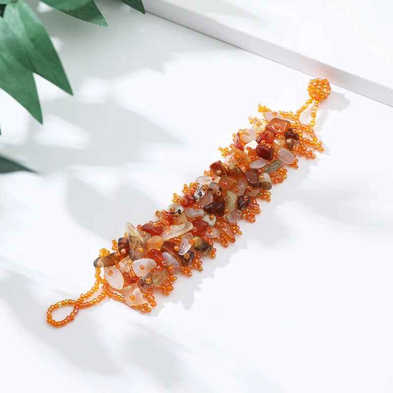 Wollet Fashionable Boho Style Agate Powder Macadamia Woven Handrack Cluster Statement Wide Bracelet for Women
