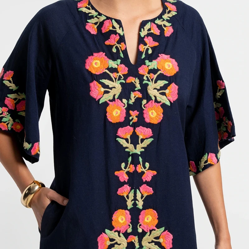 OEM Embroidered Charming  Embroidery Navy maxi dresses Custom  embroidery for women