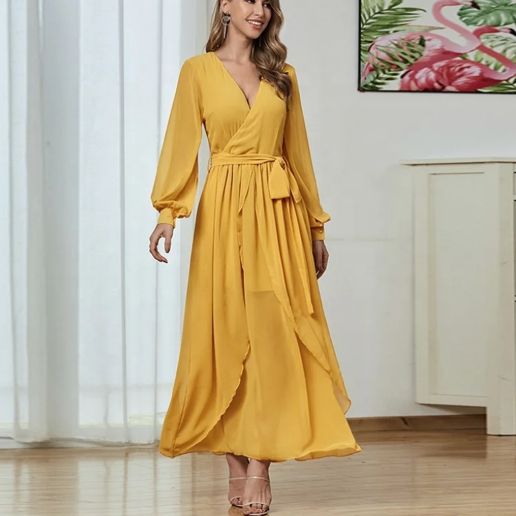 2022 long sleeves Fashion factory Custom Lady Chiffon Ruffle Maxi Tunic Dress Vestidos Women Elegant Summer Casual Dresses