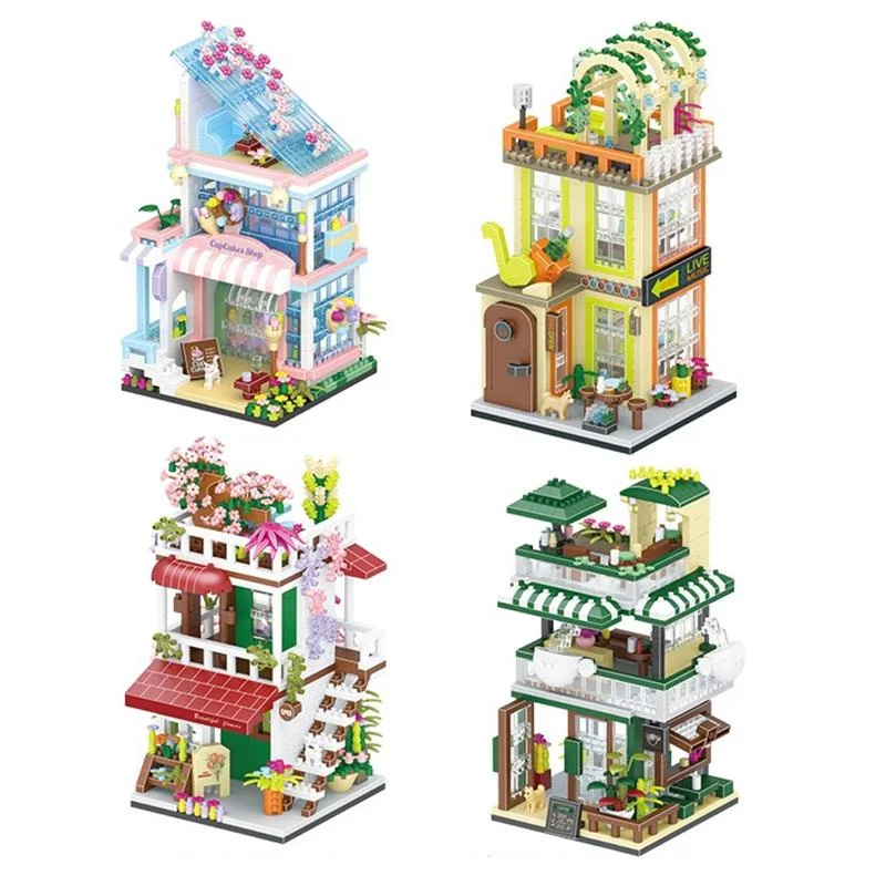 Mini Blocks Beautiful Flower House Food Coffee Cake Shop Building Bricks Architecture Kids Toys for Children Gift