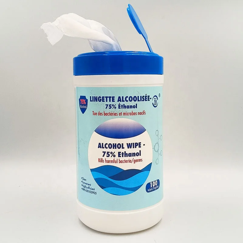 Factory Low MOQ 75% Ethyl Alcohol Antiseptic Canister 100pcs Alcohol Wipes for Cleaning Wet Wipes