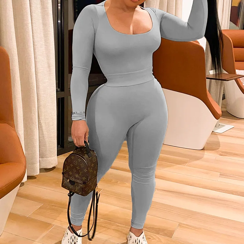 K21S07450 Fall Cuscom Logo Two Piece Legging Set Casual Sporty Long Sleeve Bodysuit Elastic Waist Pant Sets