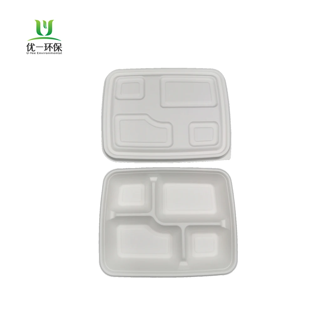 4 Compartment Deep Tray for Meal Disposable Bagasse Set Take-Out Food Container Square Plate with Lid Cutlery and Napkin