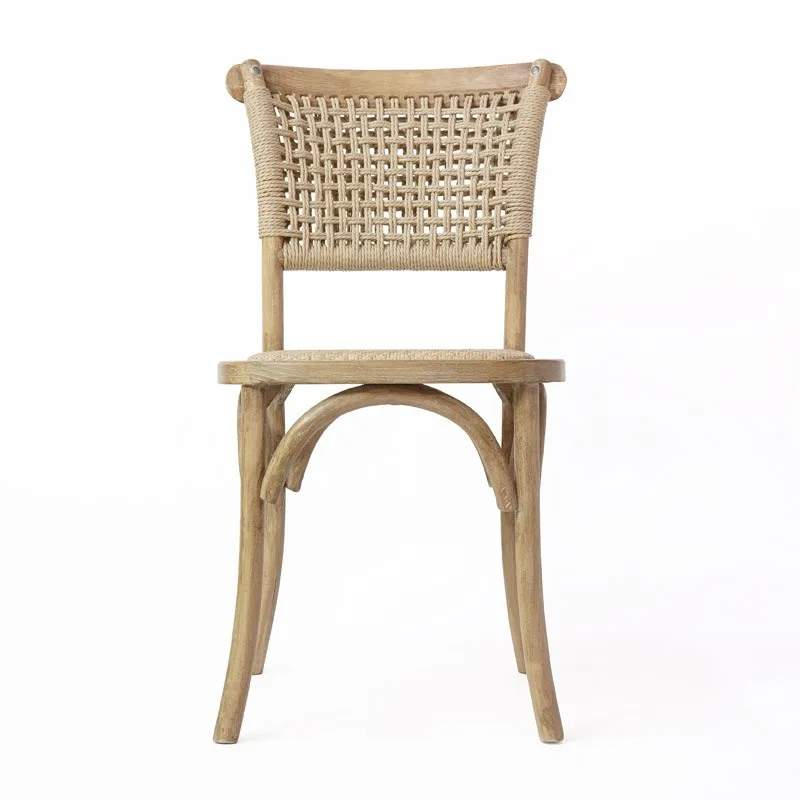 Antique Chinese Traditional Handmade Paper Cord Wood Vineyard Weaved Rattan Cane Dining Chair