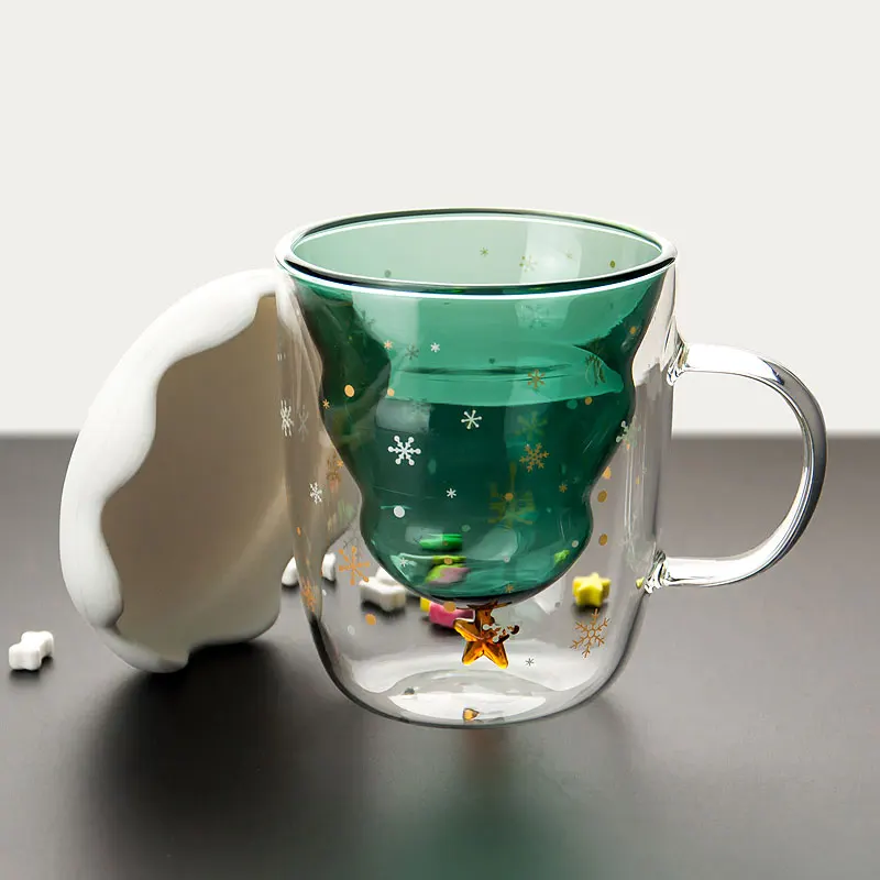Online shop hot sales New Design Double Wall christmas tree glass cup with handle