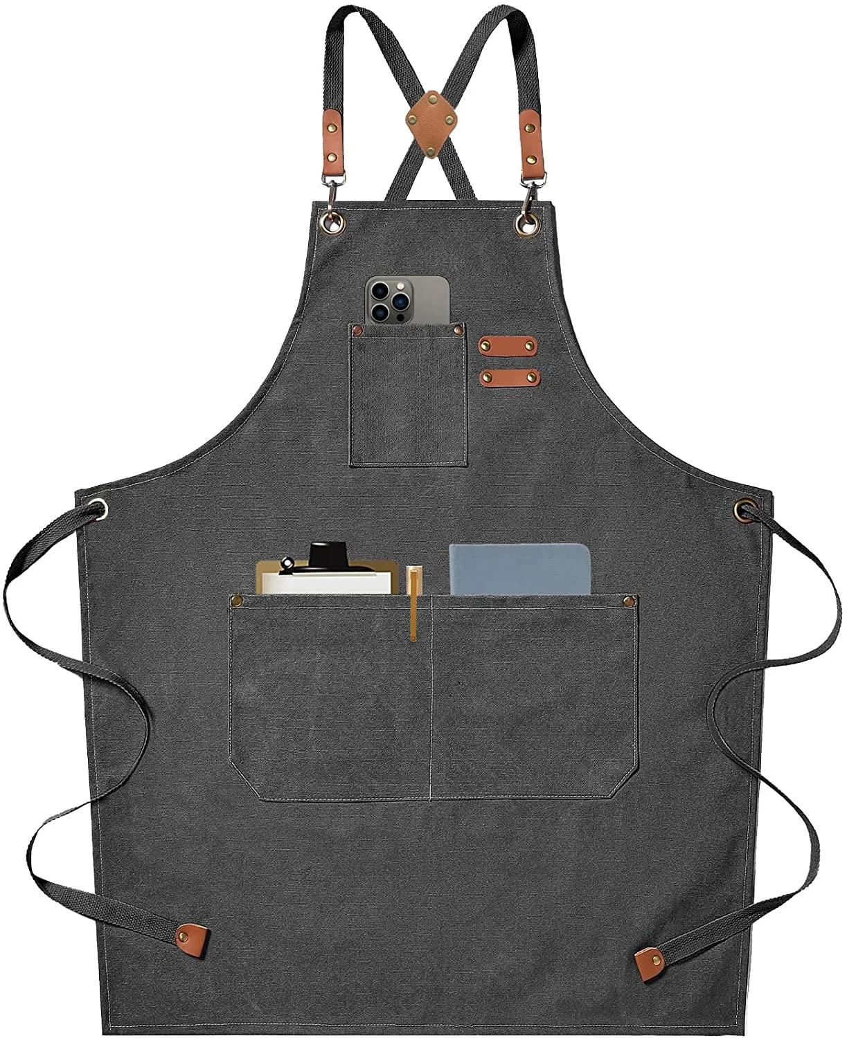 Chef Aprons for Men Women with Large Pockets, Cotton Canvas Cross Back Heavy Duty Adjustable Work Apron, Size M to XXL