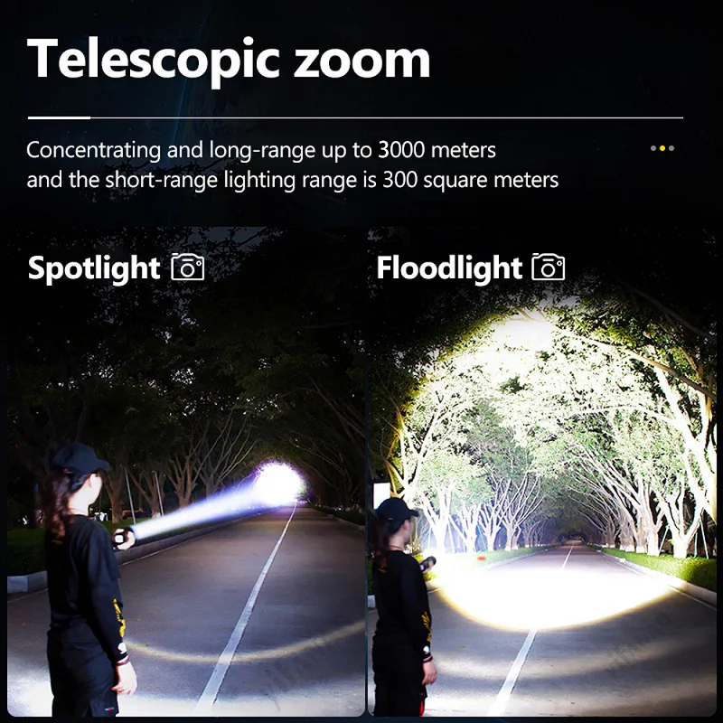 Super Bright 10000 high lumen ZOOM Flashlight powerfull Torch Light linterna USB-C Long Range XHP50 LED Flashlight Rechargeable