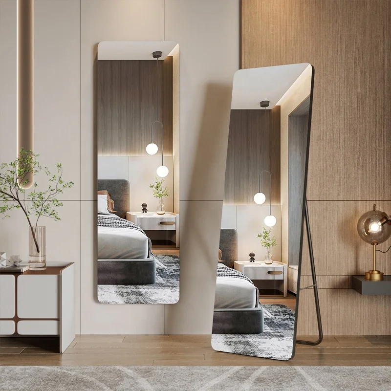 Large Full-Length Stand-Up Glass Mirror with  Aluminium Frame Decorative Black Square Frame for Bedroom Oval & Square