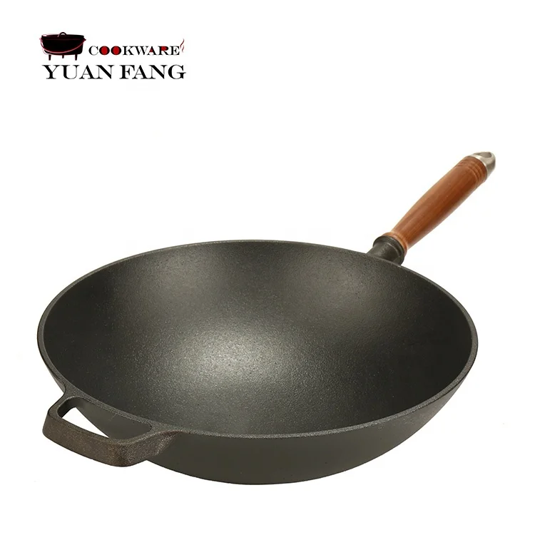 Hot Selling Preseasoned Wok Nonstick 31CM Cast Iron Chinese Wok Pan with Wooden Handle