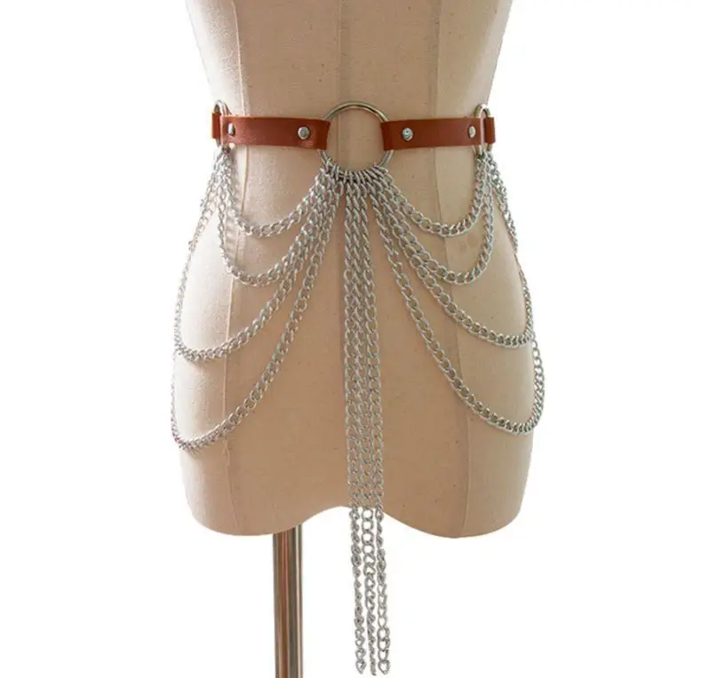Party Rave Waist Jewelry Body Accessories Black Body Chains Punk Leather Waist Chain Belt for Women and Girls