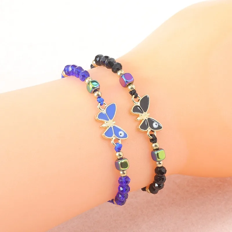 New Design Faceted Crystal Beads Bracelet Birthday Gifts Fashion Colorful Drip Oil Eye Butterfly Charm Bracelets for Teen Girls