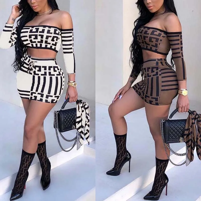 
Summer Fashion Ladies Clothing Low Price Print Pattern 2 Piece Off Shoulder Crop Top Mini Skirt Set 
