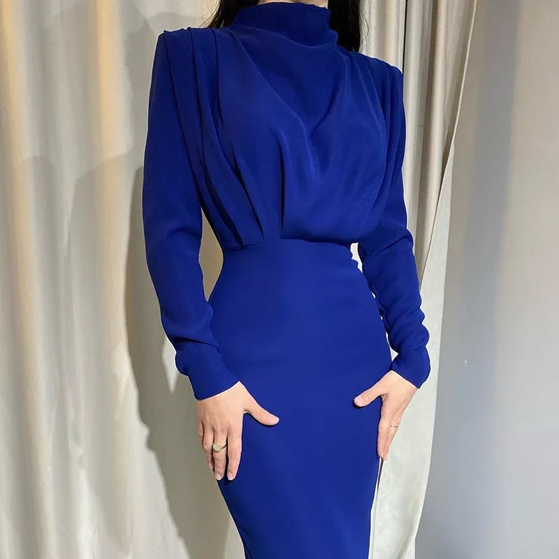Autumn new fashion temperament hin thin pure color long sleeve dress
