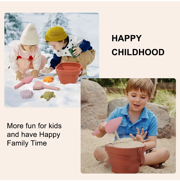 Customized Summer 7 Piece Unique Eco Bpa Free Silicone Foldable Water Beach Sand Toys Colorful Children Beach Toys Bucket Sets
