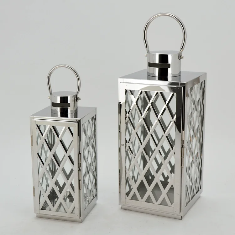 Hot Selling Set of 2  Indoor Home Decor Glass Silver  Stainless Steel  Simple Golden Candle Holder Lantern
