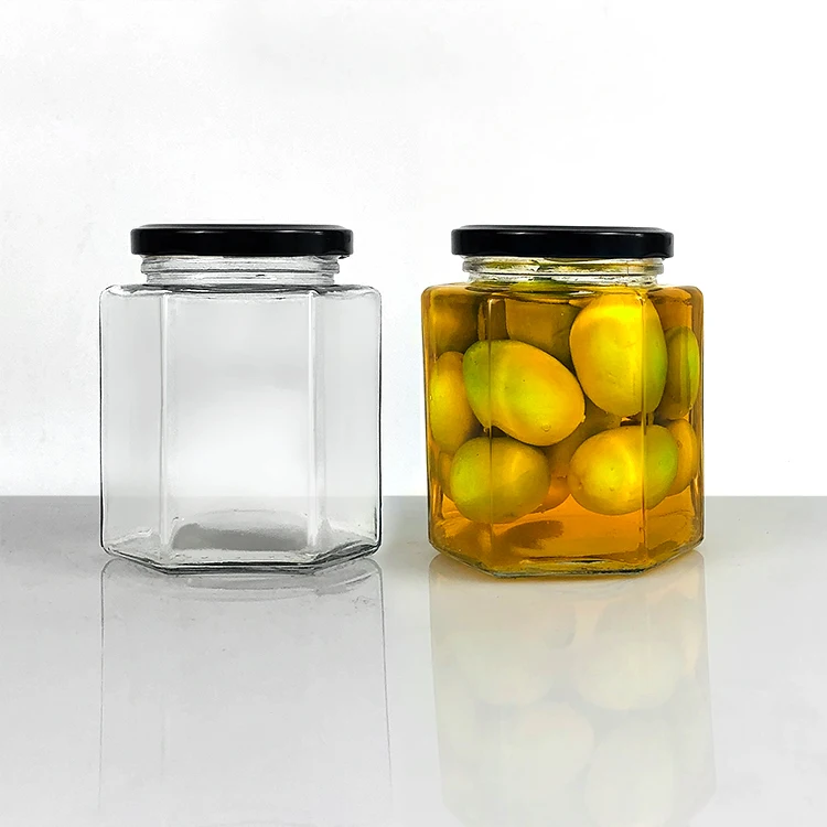 
Hexagonal Jars 180ml 280ml 380ml 500ml JamJelly Honey Spice Jar Glass Containers with Gold Lids 