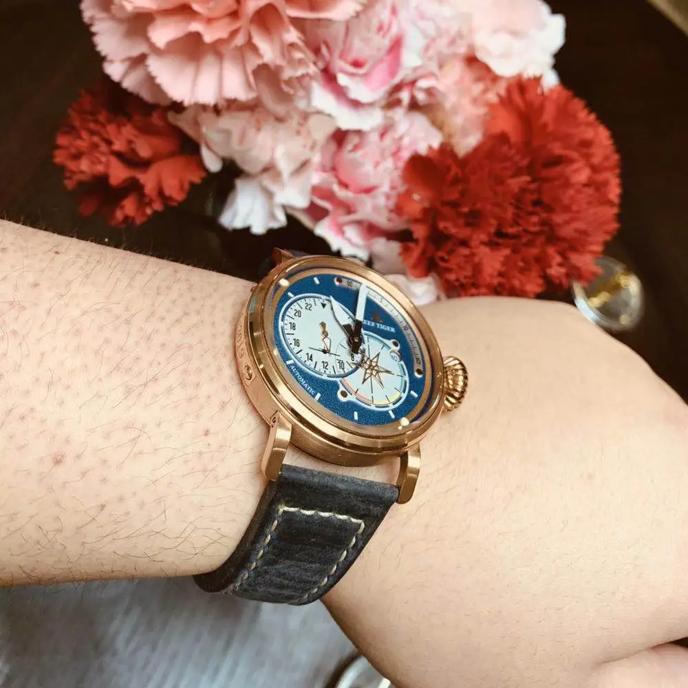 
Reef Tiger Steel Military Watches for Men Genuine Leather Strap Automatic Pilot Watch with Date RGA3019 