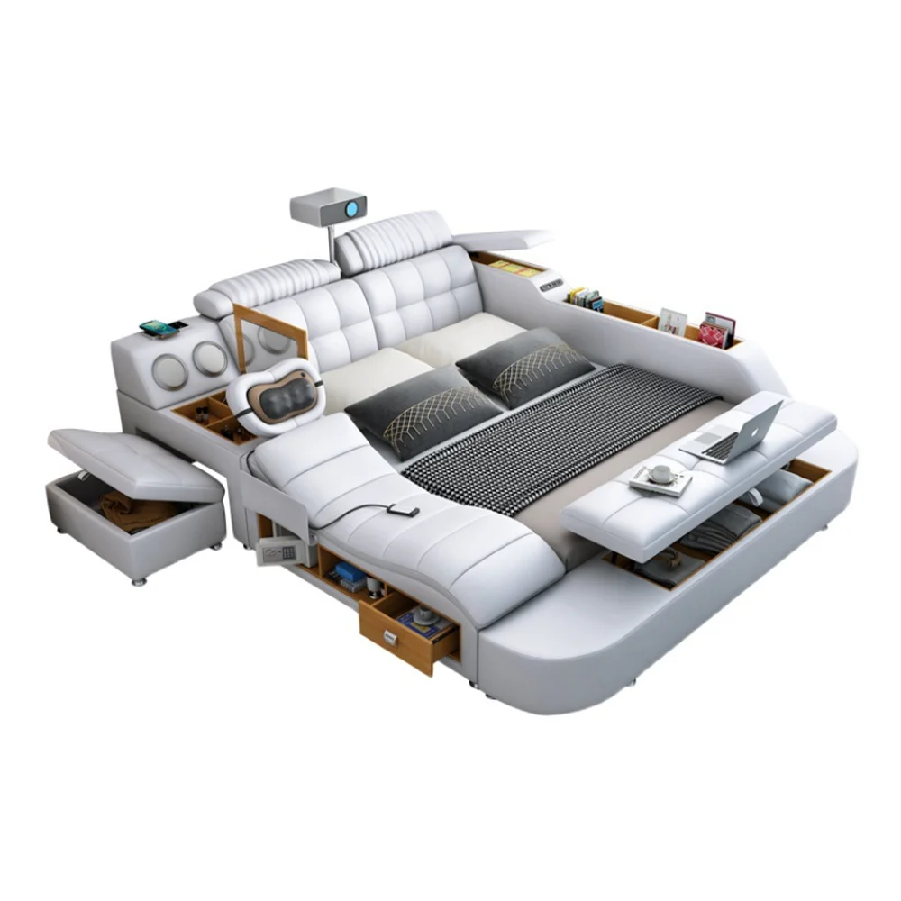 2023 Customizable Multifunction Storage Bed Wood Bed Solid with Massage Music Design of Leather 1 Piece Stainless Steel Modern