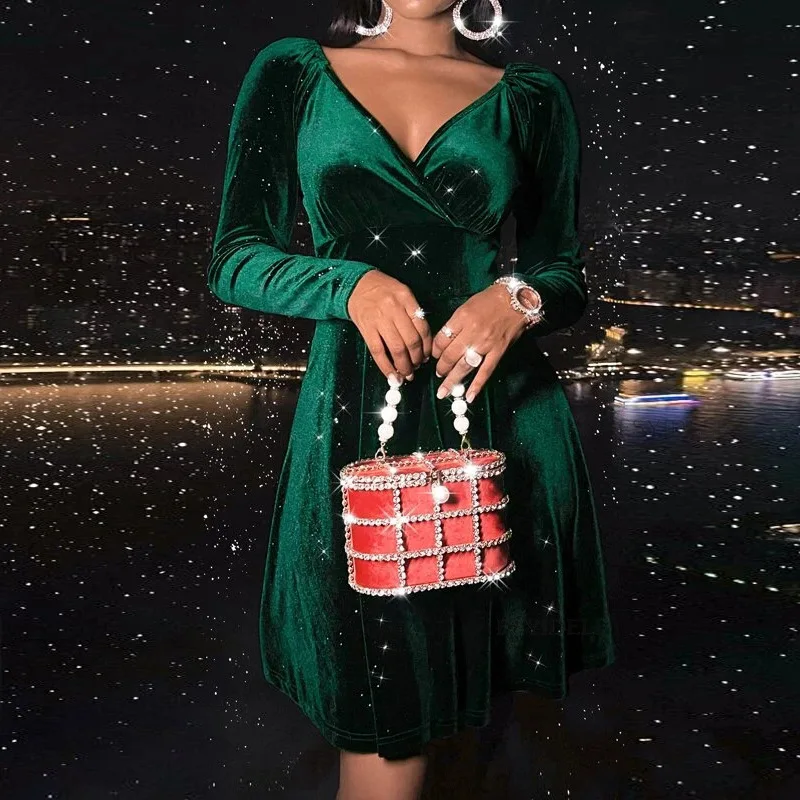 Popular autumn winter long sleeve V-neck velvet Christmas dress fashion sexy dresses women night club