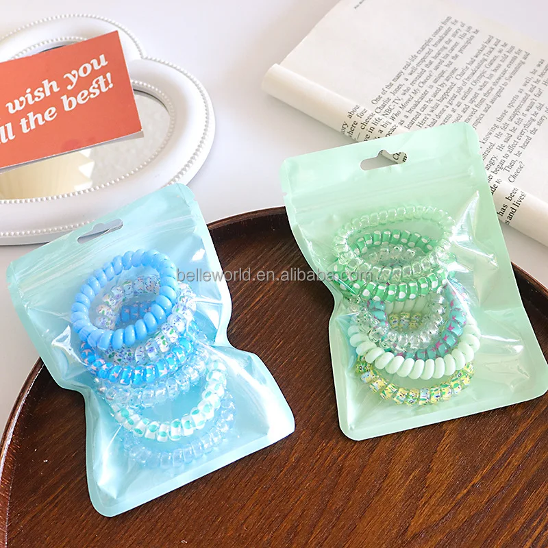 BELLEWORLD custom package new fashion elastic band hair accessories for girls 6pcs/bag candy color sweet phone cord hair ties