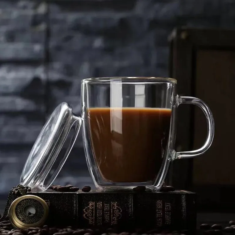 Hand Made Heat Resistant Borosilicate Glass Double Wall Coffee Cups Clear Coffee Mug Set with Handle and lid