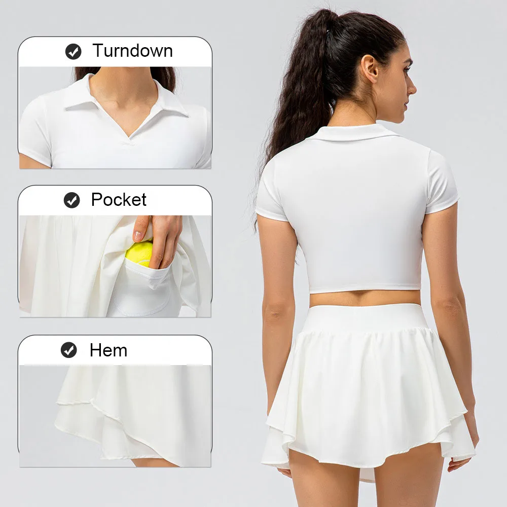 Custom Logo Turndown Collar Quick Dry 2 Piece Golf Women Skirt Set Tennis Wear With Pocket