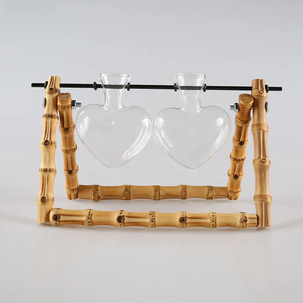 Desktop Decoration Heart Glass Bamboo Root Wooden Stand Propagation Stations Hydroponics Planter Water Air Plant Terrarium Vase