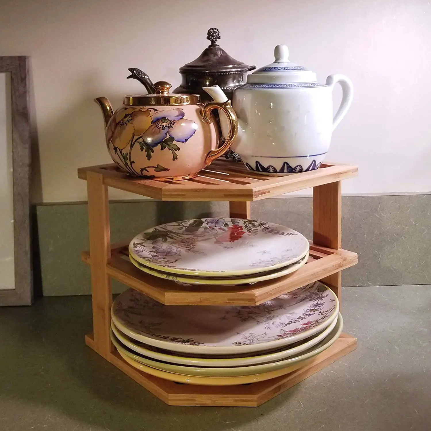 Bamboo 3-Tier Corner Storage Shelf wooded plate dishes storage organizer corner rack for Kitchen