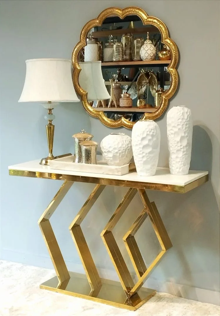 Cheap Price Metal Art Designer Hotel Hall Stainless Steel Marble Entryway Living room Corner Console table with Mirror