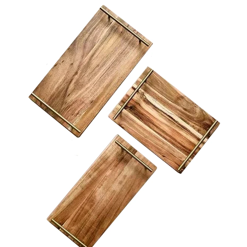 Wholesale Luxury Nordic Metal Acacia Wooden Serving Tray with Stainless Steel Handles