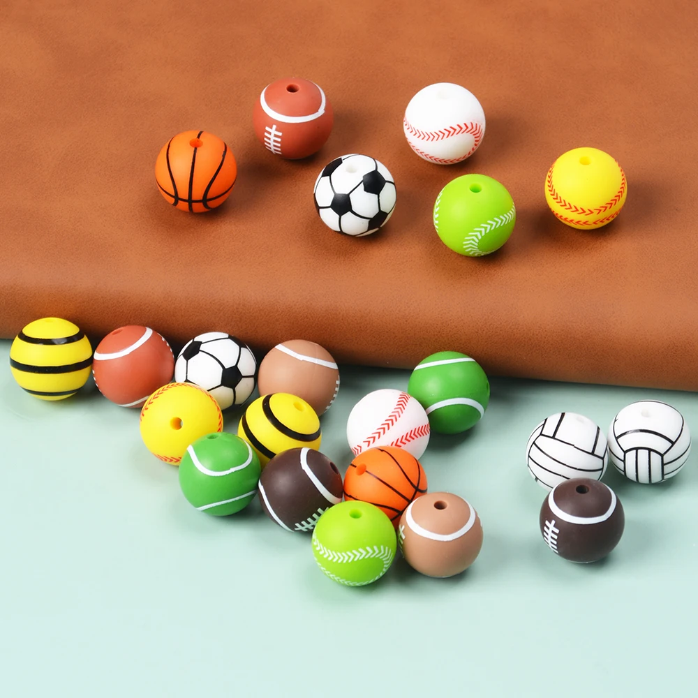 New In Stocks Sports Series 15mm Round Silicone Beads Baseball Volleyball Soccer Rugby Tennis Basketball Printed Silicon Beads