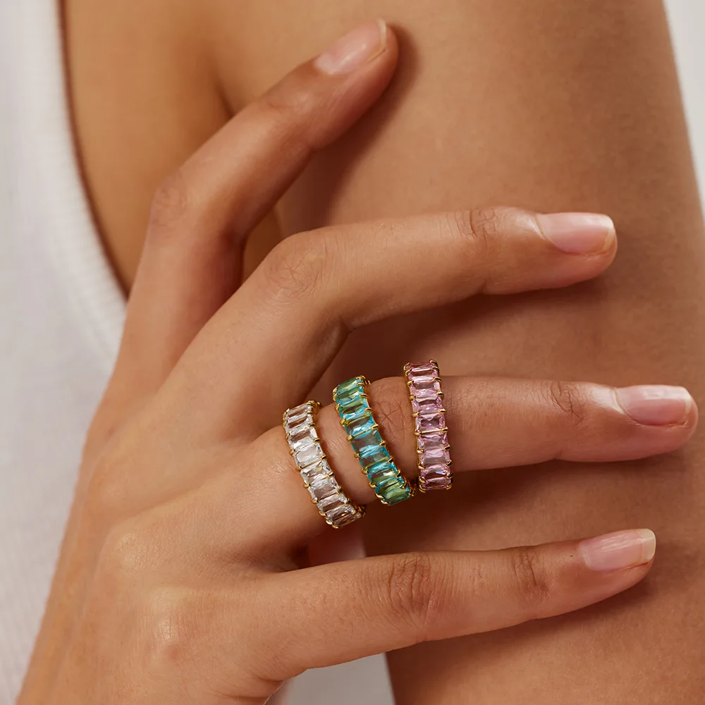 Custom tennis ring womens fashion jewelry wedding jewelry gift colorful lab-grown diamonds baguette ring stainless steel ring